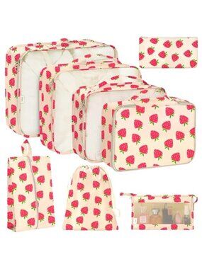8 Set Packing Cubes Travel Organizer Luggage Bag Toiletry Shoe Strawberry Nylon